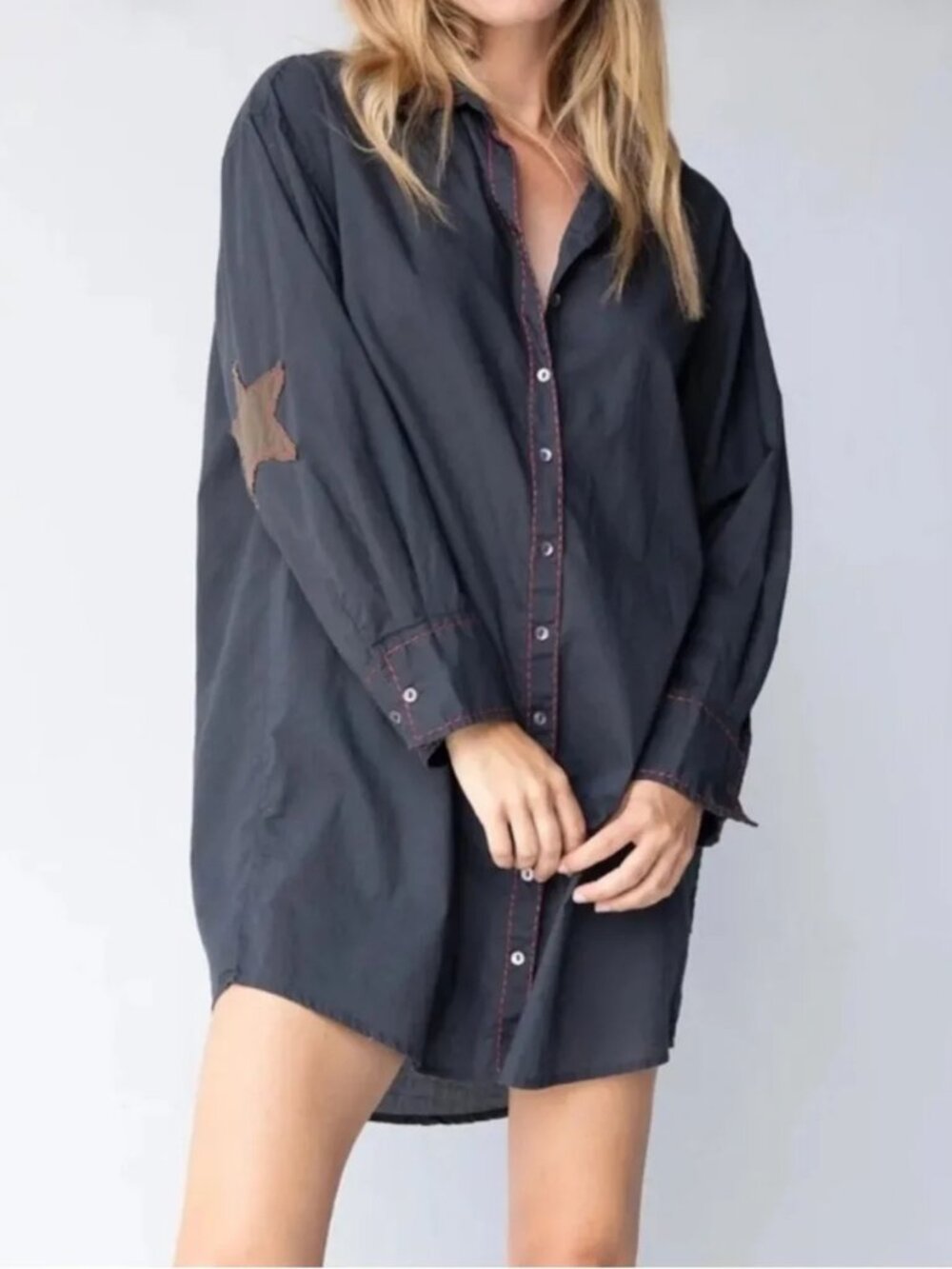 Natural Life Lesli Shirt Dress Size L / XL Stars Elbow Patches Boho Cowgirl
